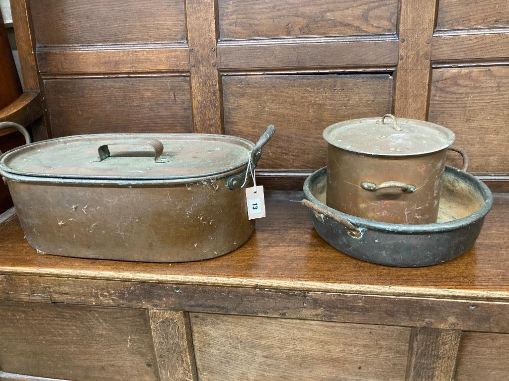 Two Victorian copper pans and a preserve pan, largest 59cm wide